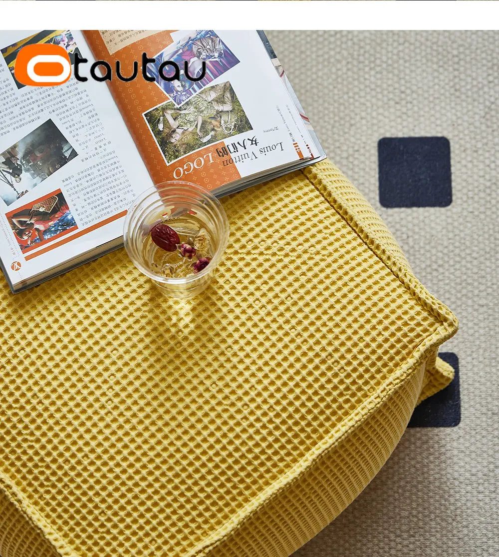OTAUTAU 100% Pure Cotton Waffle Beanbag Stool Ottoman with Filling Square