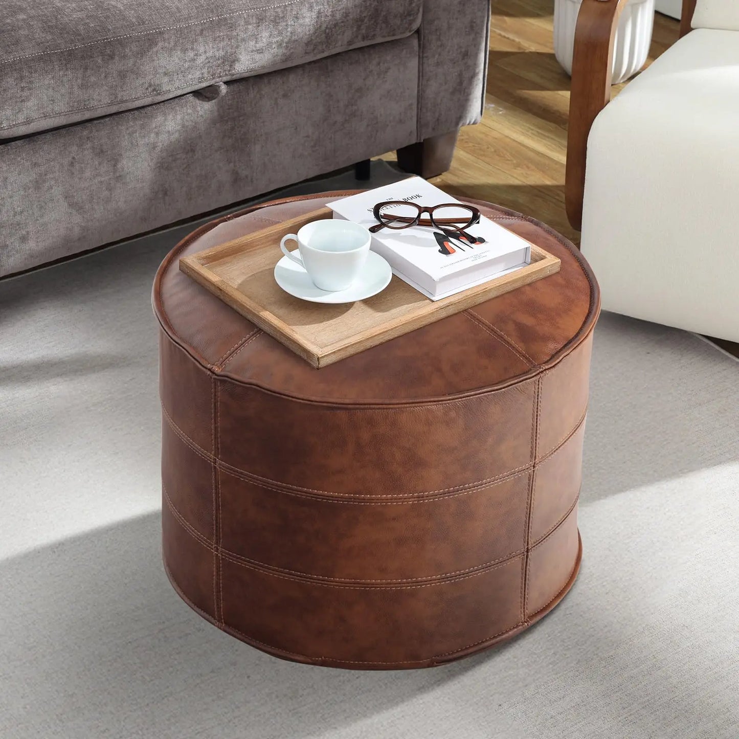 Leather Ottoman,Handmade Stuffed Square Ottoman