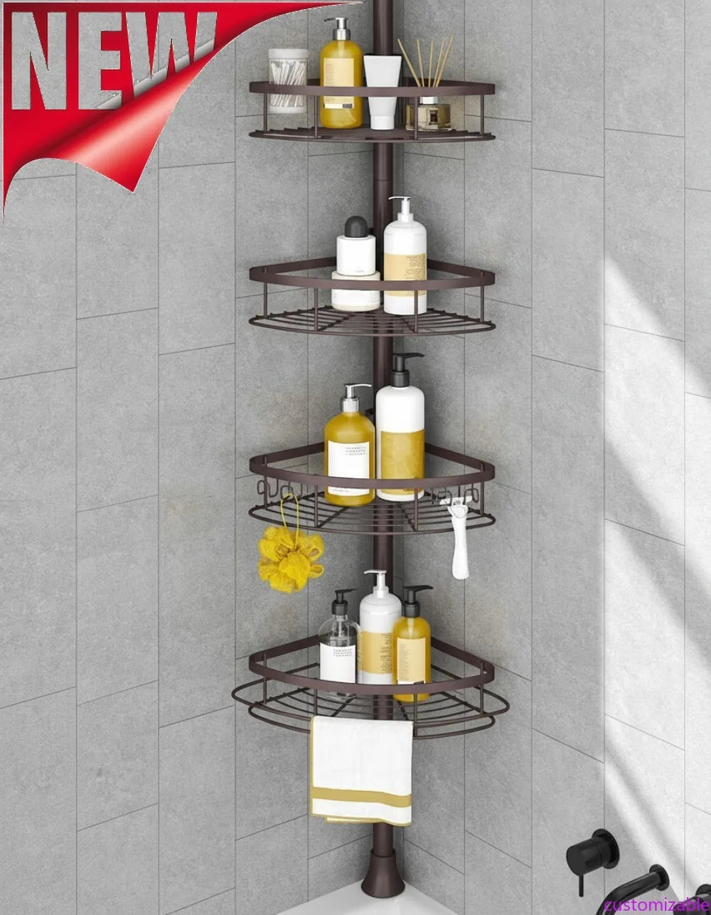 Adjustable Tension Pole Shower Caddy Organizer with 4 Baskets,
