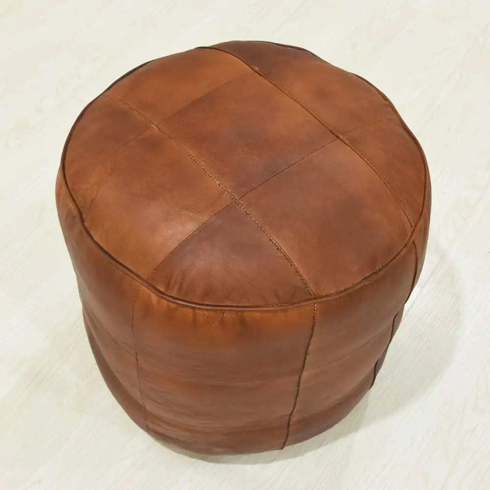 Round Shaped Leather Handmade  Cognac Pouf , 14" x 14"x 14",