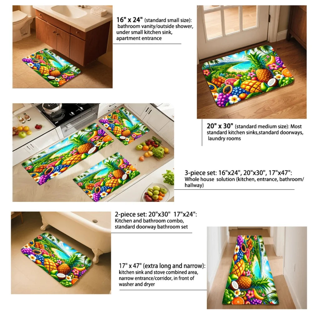 3PCS Mat Set,  Front Door, Kitchen,  Tropical Fruits Palm Trees Flowers Waterfall