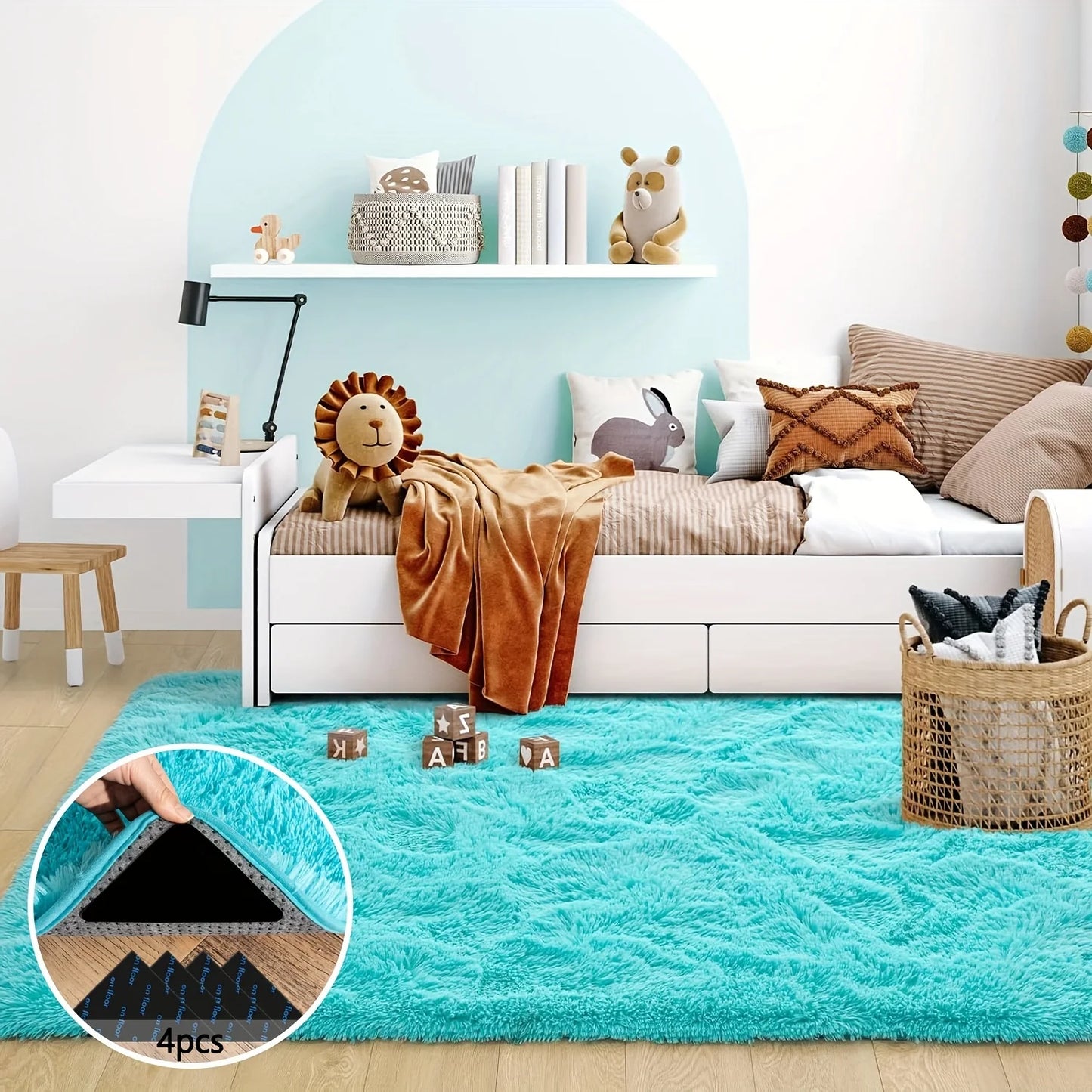 Light Blue Soft Shaggy Non-Slip Rugs with 4 Rug Stickers