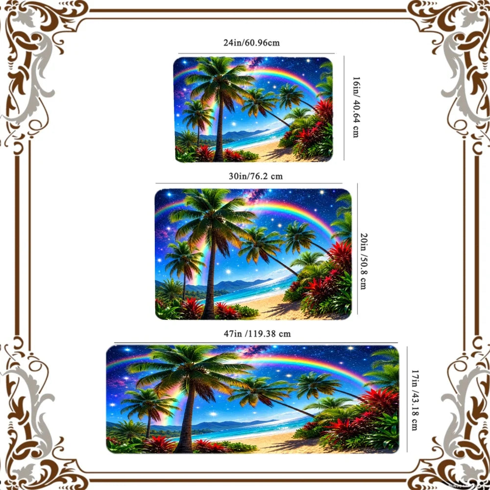 3PCS Kitchen Rugs, Tropical Palm Trees Rainbow Beach Sunset
