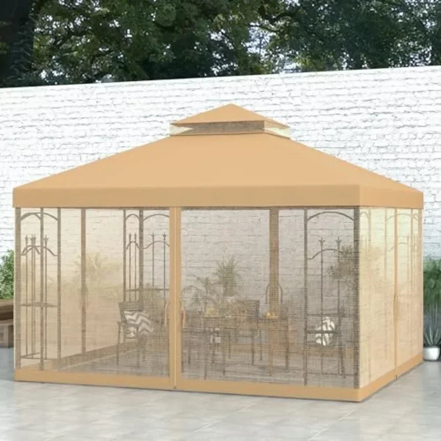 Gazebo with  Fe Shelves Double Roof Outdoor Netting in Beige
