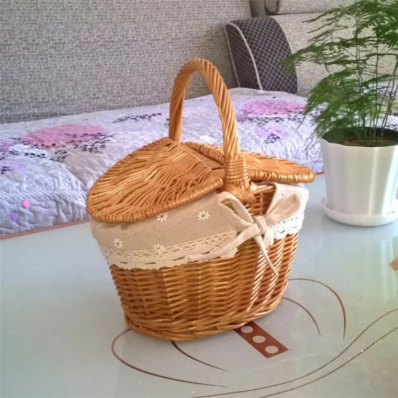 Wicker Basket, Handle Double-Lid Large Camping Picnic