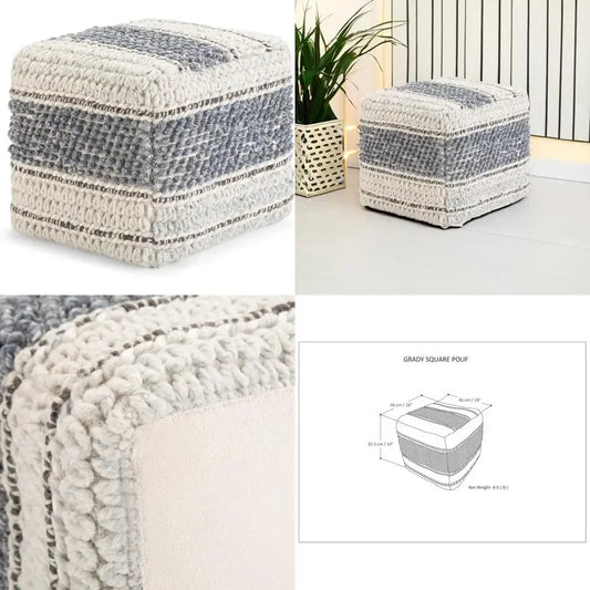 Handwoven Boho Square Pouf in Blue