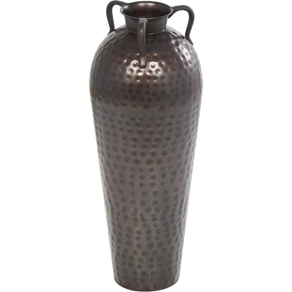 Tall Metal Floor Vase with Hammered Details, 10x10x28 Brown