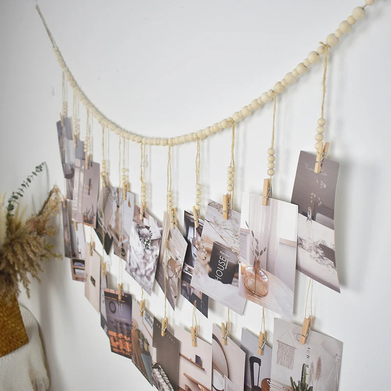 Photo Display Wall Hanging- Wooden Beads Macrame Tapestry