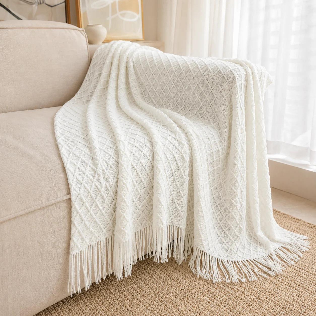 Dark Brown Wavy Chevron Textured Knit Throw Blanket with Tassel Fringe,