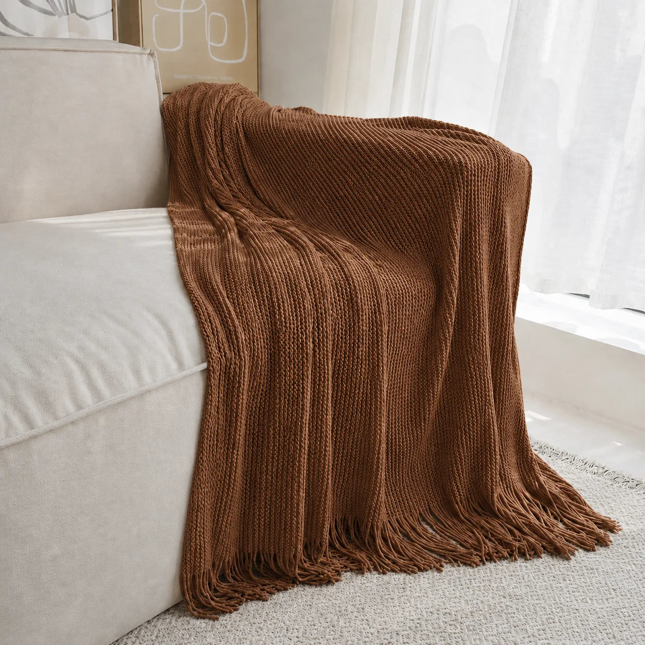 Dark Brown Wavy Chevron Textured Knit Throw Blanket with Tassel Fringe,
