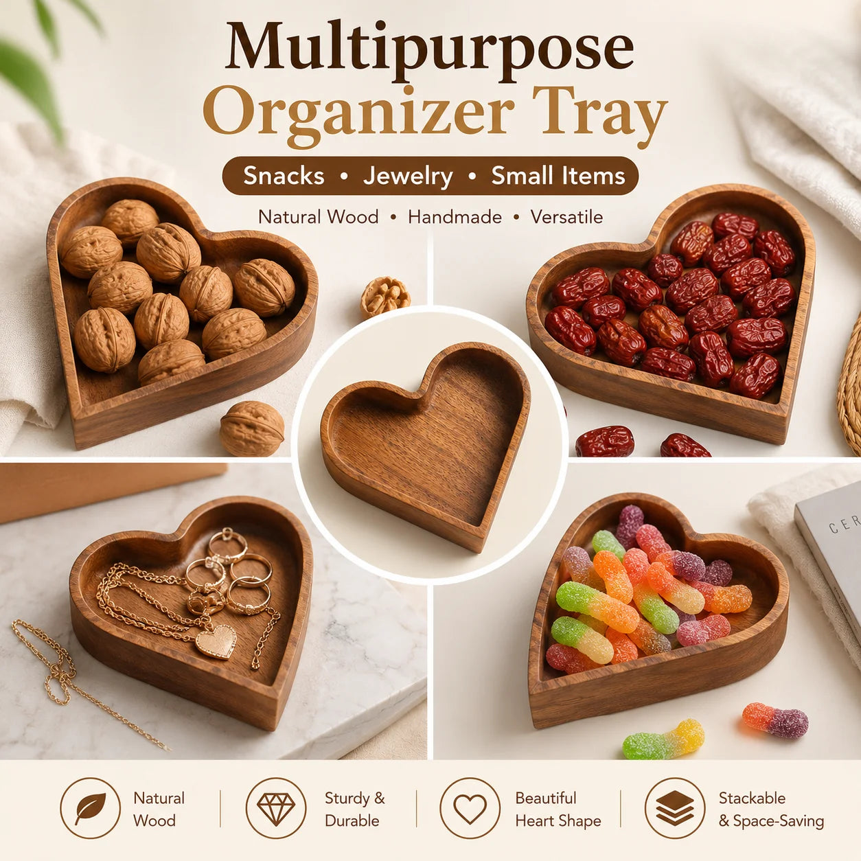 Heart Shaped Wooden Snack Tray Set Multipurpose Serving Bowl with Lid