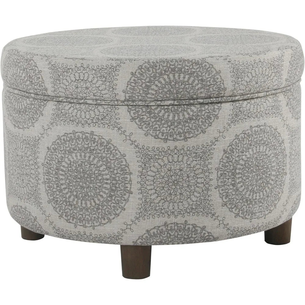 Upholstered Round Storage Ottoman (Grey Medallion)