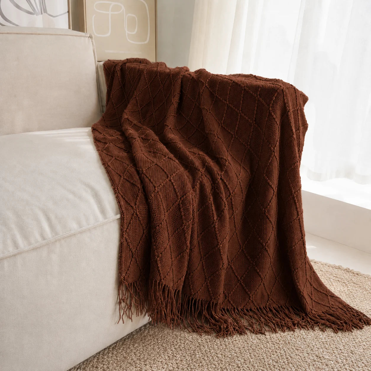 Dark Brown Wavy Chevron Textured Knit Throw Blanket with Tassel Fringe,
