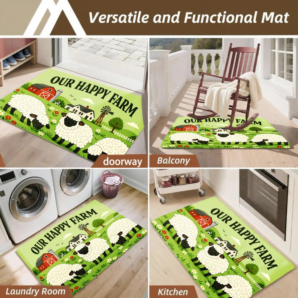 3PCS Kitchen Rugs,Home Decoration for Front Door, Kitchen, Bathroom, Our Happy Farm Sheep Barn Field Dining Mat