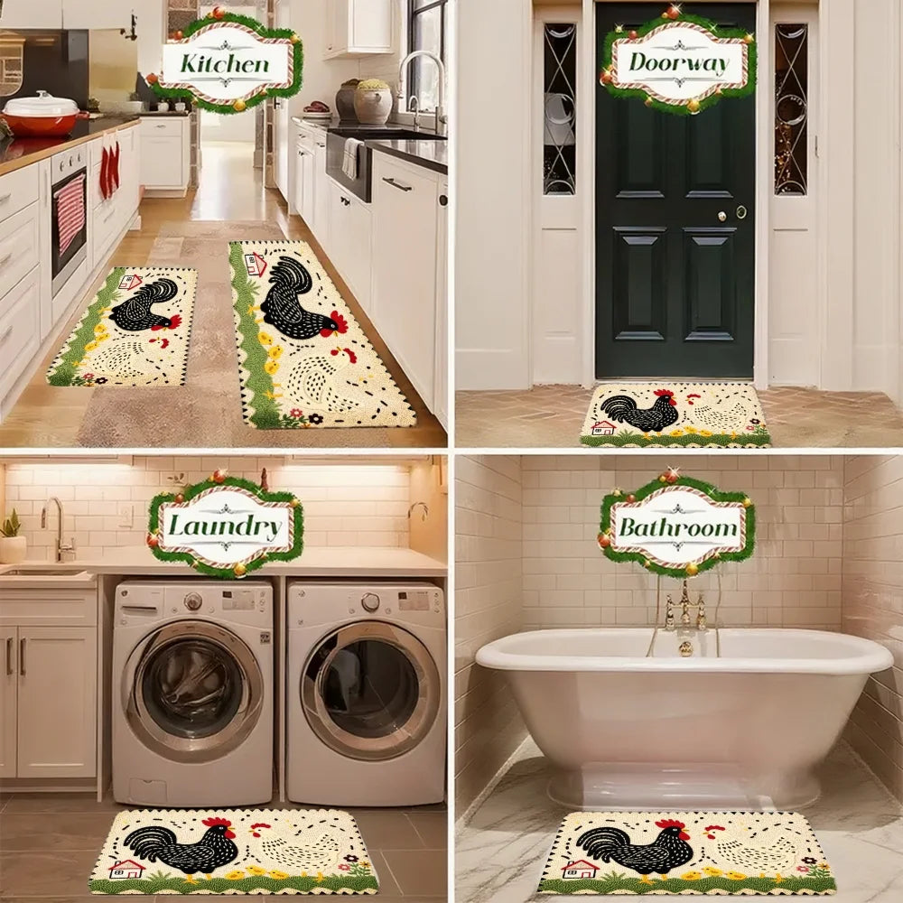 3PCS Kitchen Rugs,Rooster And Flowers Dining Mat
