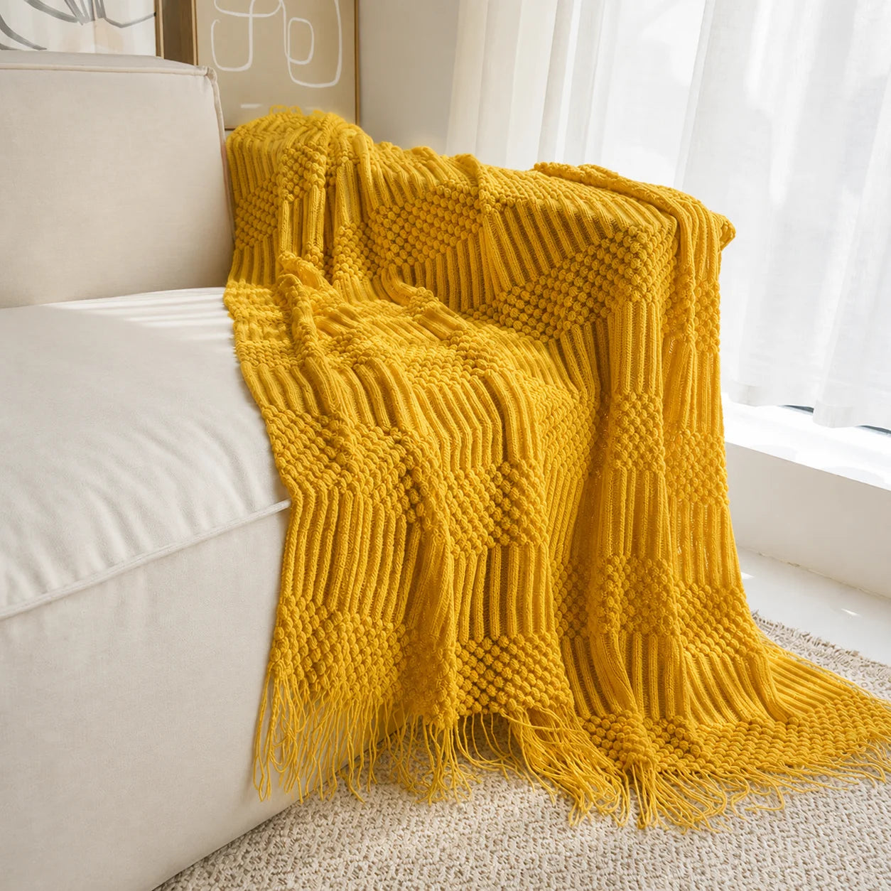 Dark Brown Wavy Chevron Textured Knit Throw Blanket with Tassel Fringe,