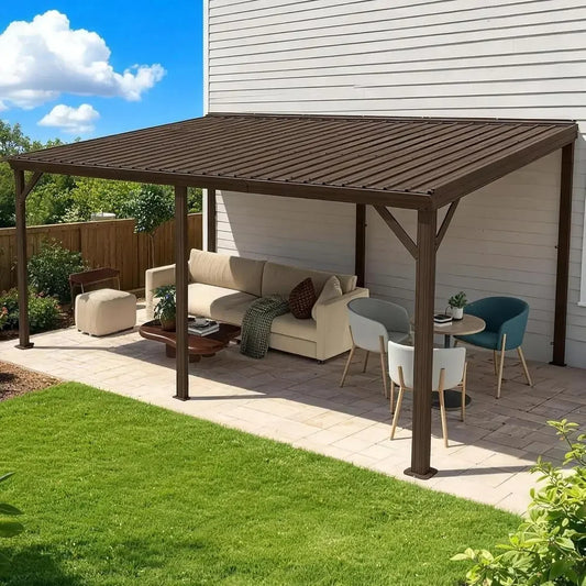 10x16T Lean to Gazebo, Outdoor Metal Hardtop Wall Mounted