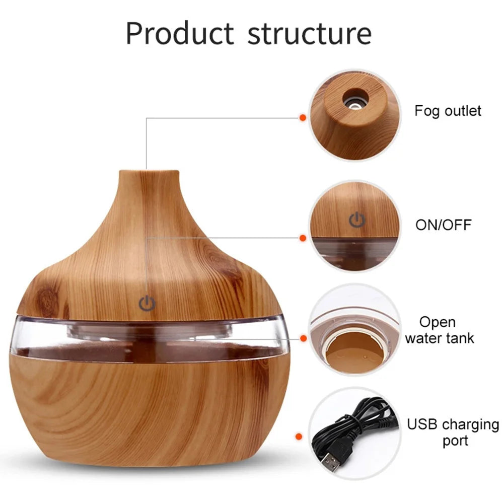 300mL Aroma Essential Oil Diffuser Wood Grain Air Humidifier