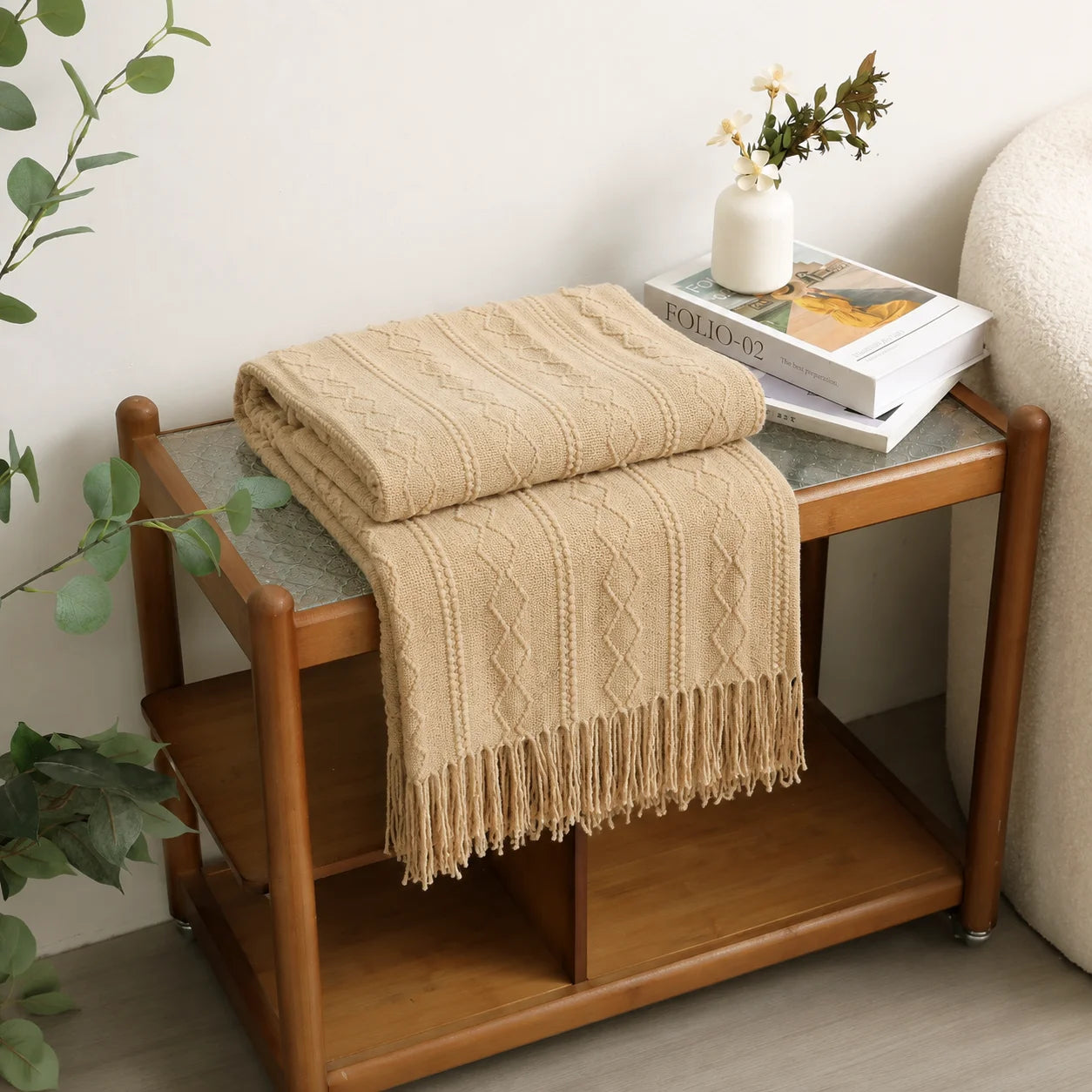 Cream Popcorn Bobble Textured Knit Throw Blanket with Tassel Fringe,