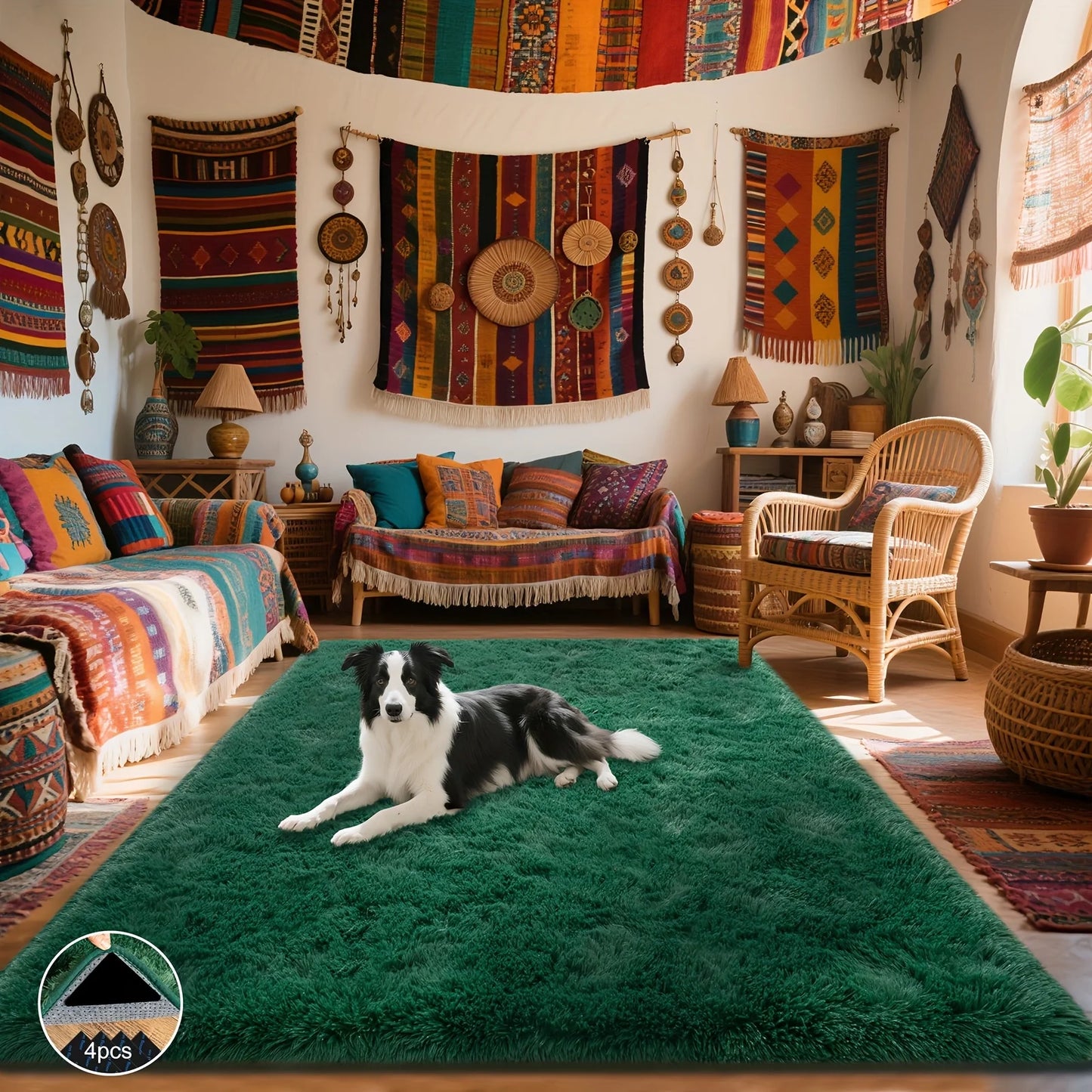 Dark Green Soft Shaggy Non-Slip Rugs with 4 Rug Stickers