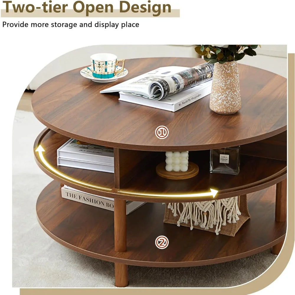 31.5” Round Coffee Table with Storage, Mid Century Modern 2 Tier Coffee Table with Tambour Sliding Door, Solid Wood Legs Fluted