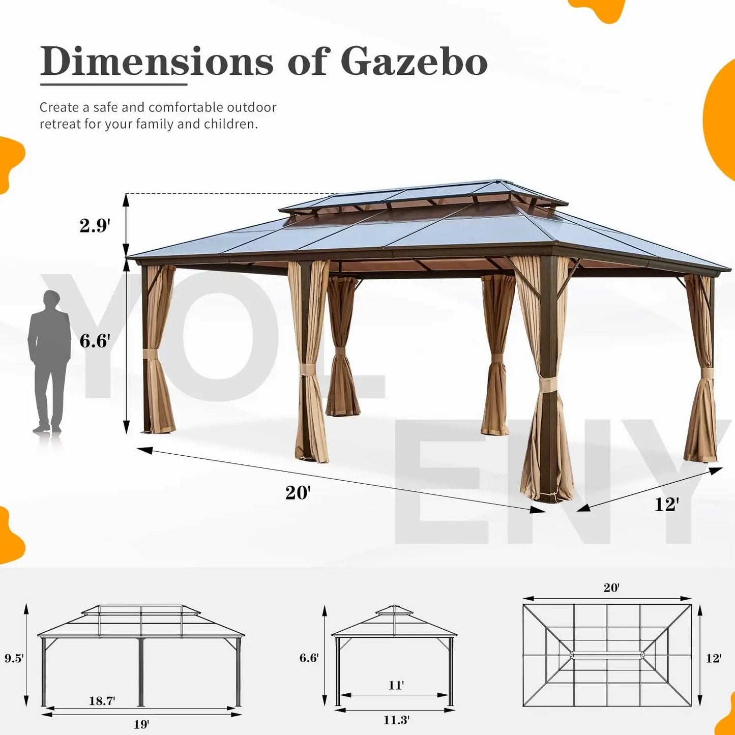 12'x20' Hardtop Gazebo,  Double Roof Canopy
