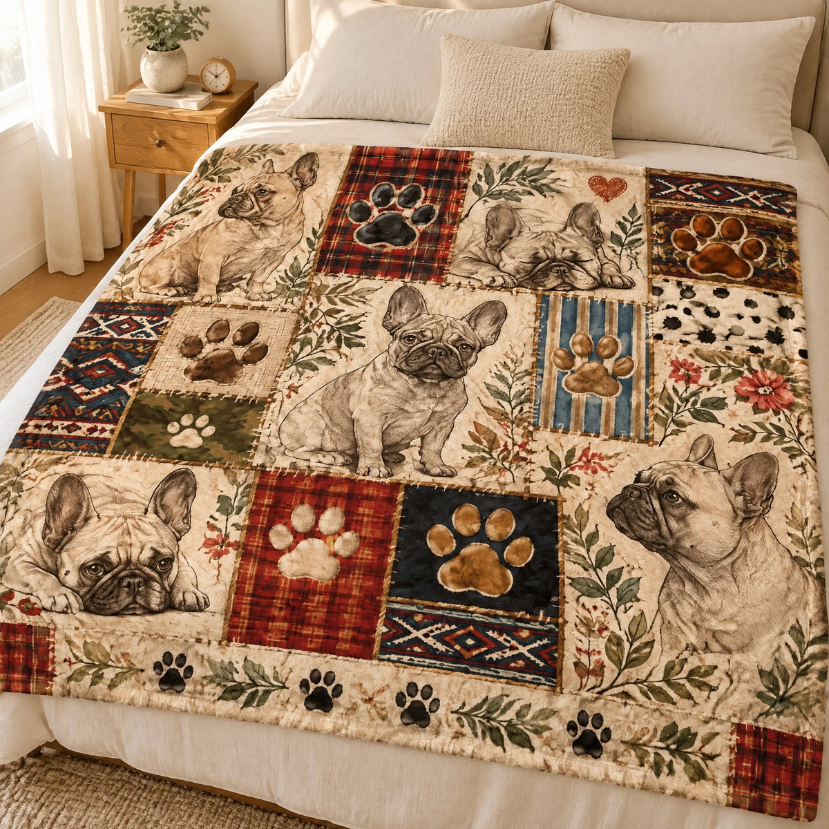 Dog Paw Patchwork Grid Throw Blanket