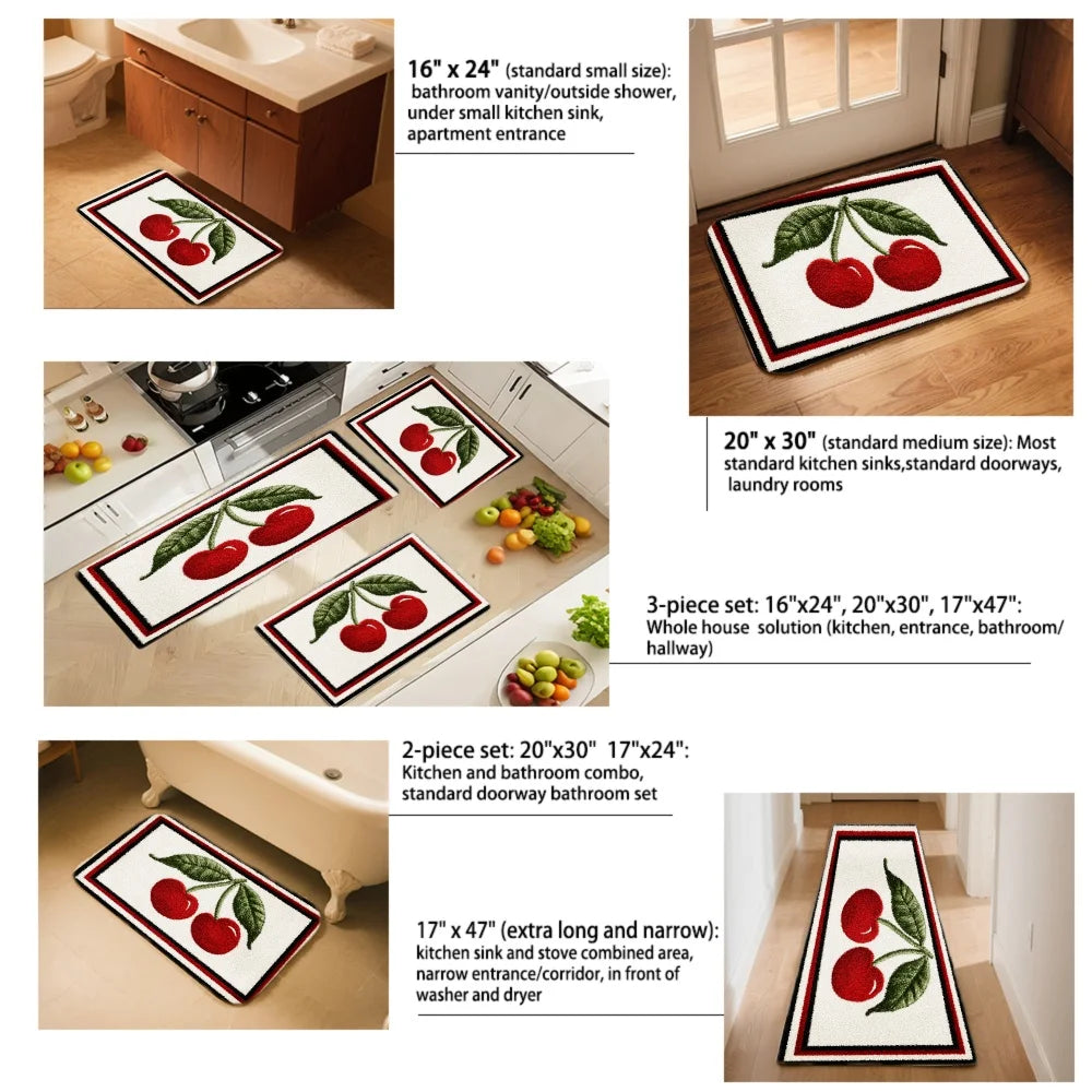 3PCS Mat Set,  Front Door, Kitchen,  Cherry Pattern With Green Leaves