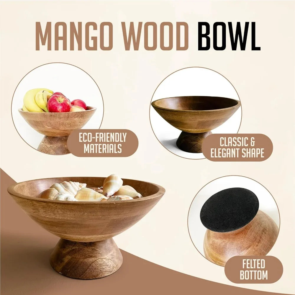 10 Inch Brown Pedestal Bowl - Wooden Fruit, Candy Holder