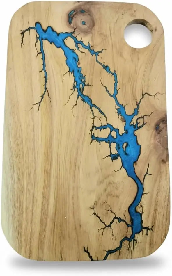 Acacia Wood Charcuterie Board 16x10.5 Inch Blue Fractal Burn Epoxy