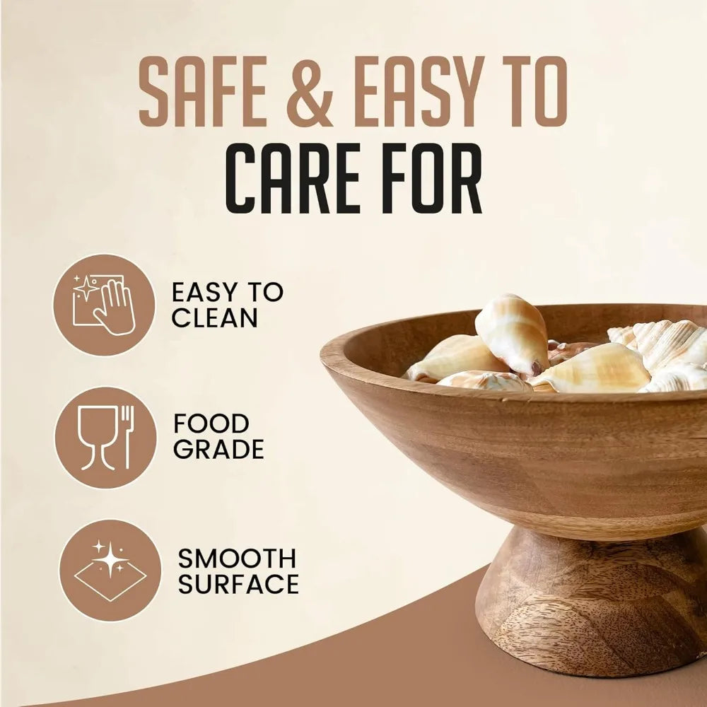 10 Inch Brown Pedestal Bowl - Wooden Fruit, Candy Holder