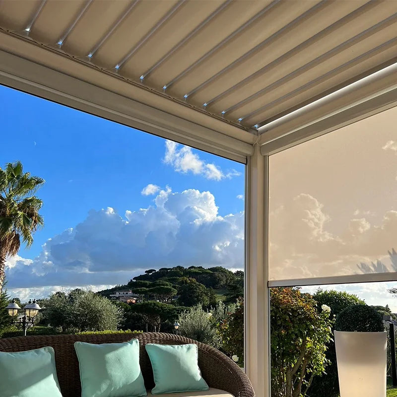 Aluminum pergola, rainproof, electrically adjustable gazebo