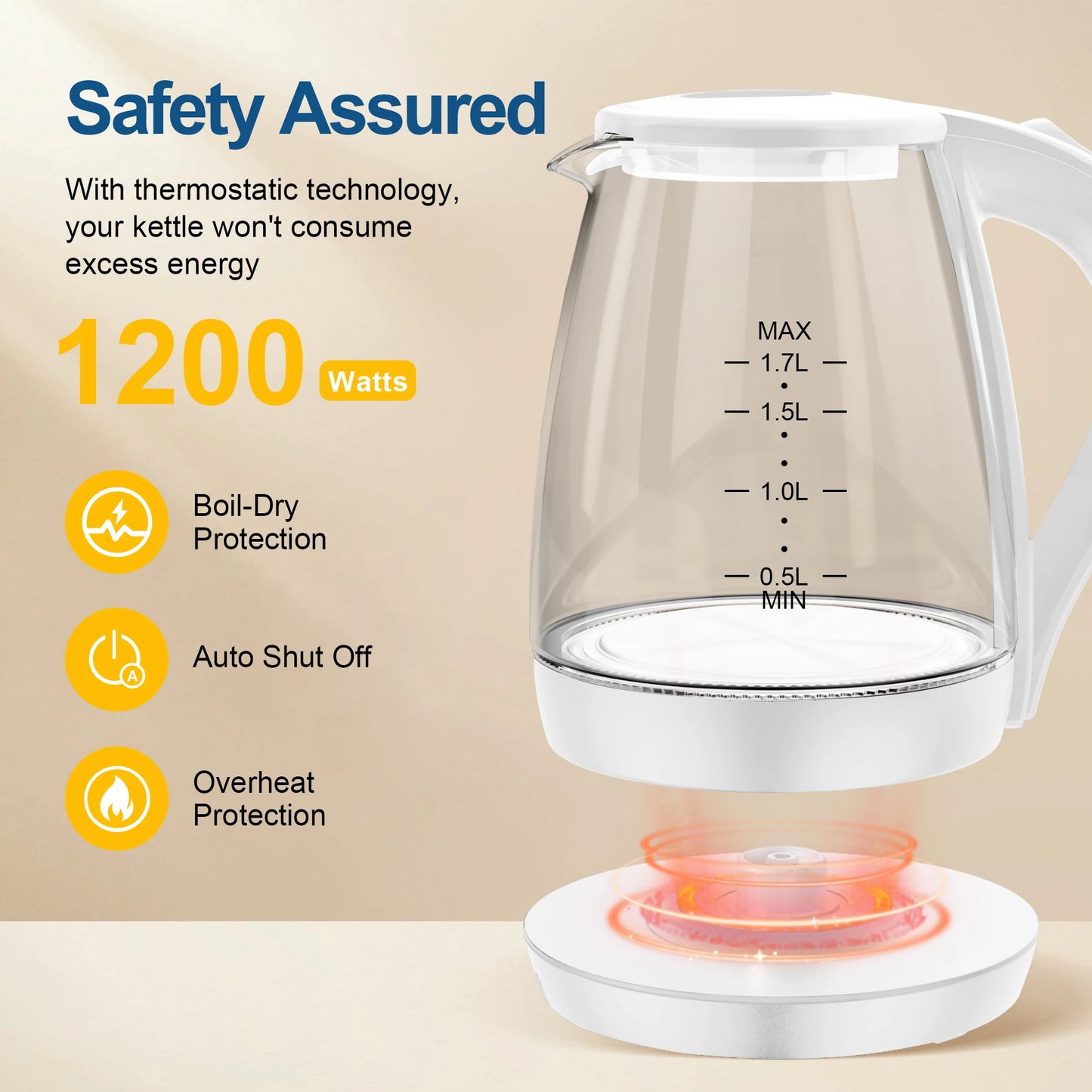 Electric Kettle- 1.7L Elegant Glass Tea Pot, 1200W Fast Boiling