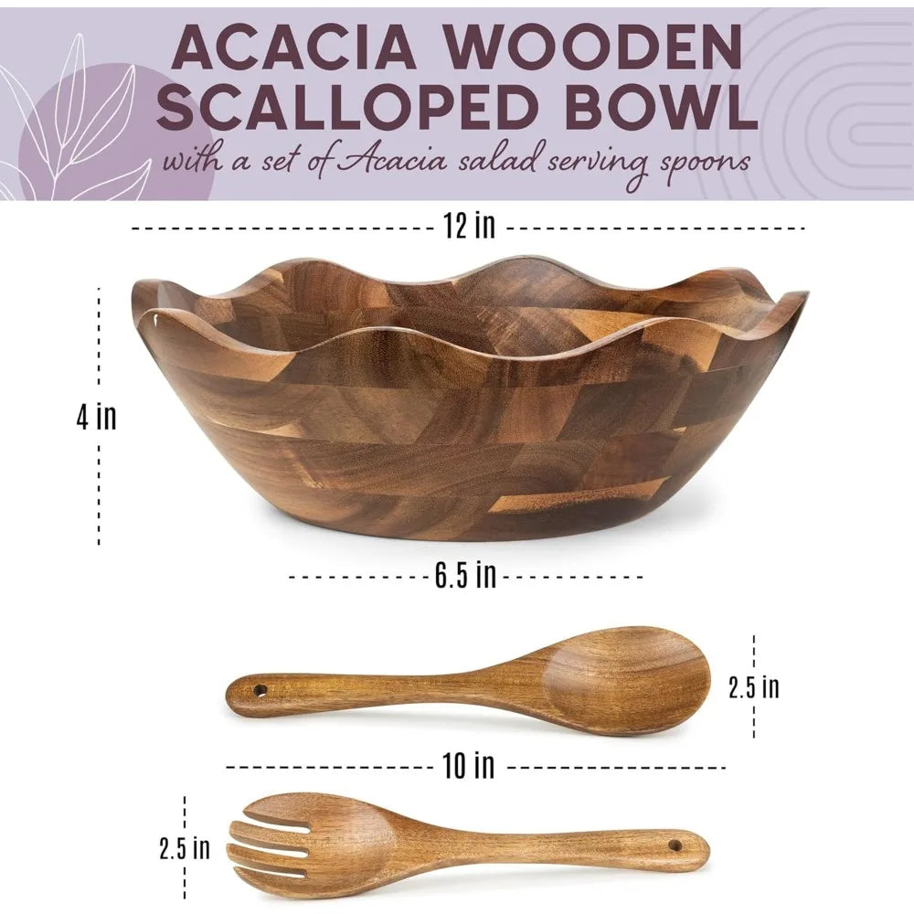 Large Scalloped Acacia Wood Salad Bowl Set with Spoons