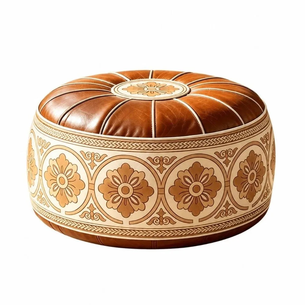 Leather Fillable Ottoman Pouf Embroidered Pattern Moroccan Style, Storage