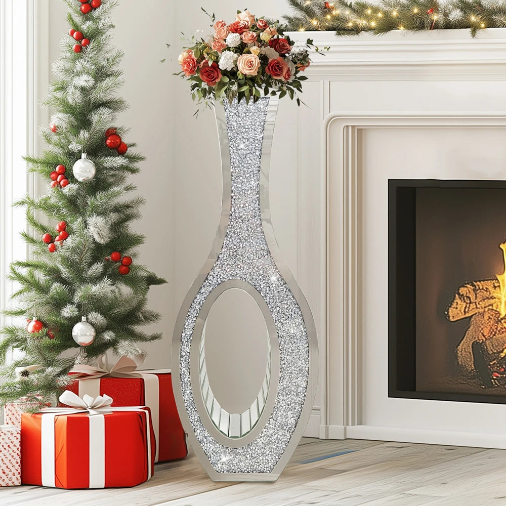 Tall Silver Mirrored Vase Decorative Crush Diamond Floor Grass Vase