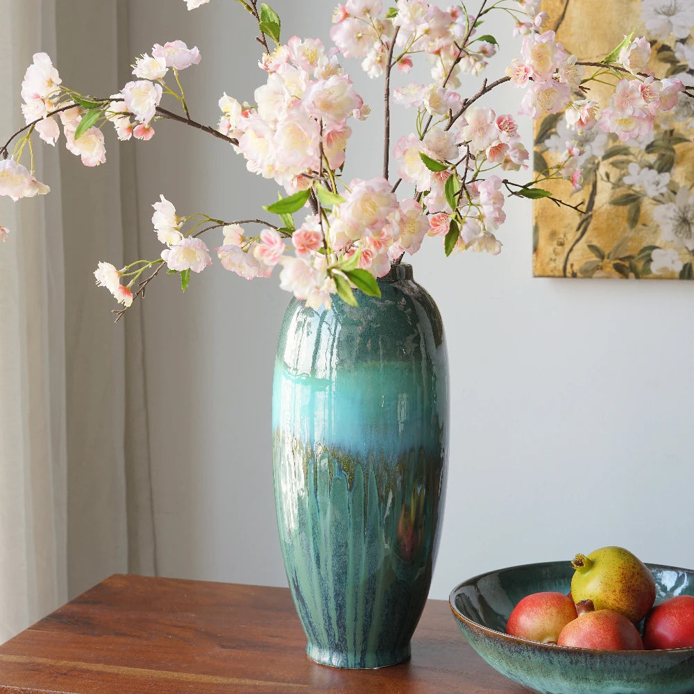 D7x15.9" Decorative Ceramic Vase with Blue Green Reactive Glaze Flowers
