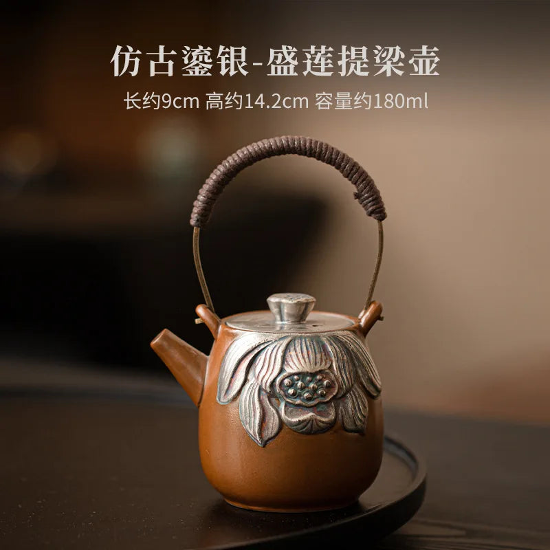 Antique Gilded Silver Lotus Ceramic Teapot