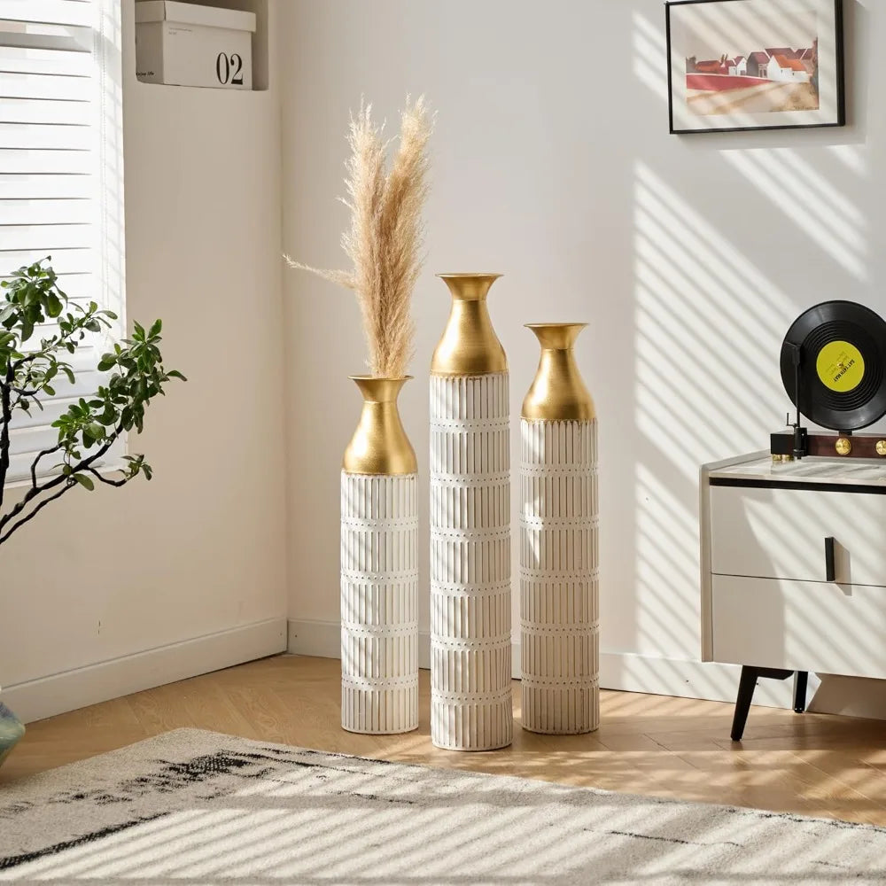 Gold Metal Vase Set of 3, Metallic  Vases 32" H, 28" H, 24" H