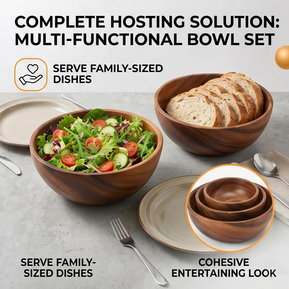Acacia Wood Multipurpose Serving Bowl for Serving Salads, Snacks, Fruits and more