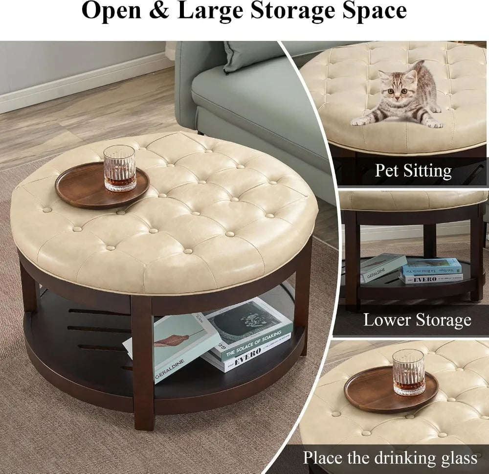 Large Round Storage Ottoman PU Leather Footrest