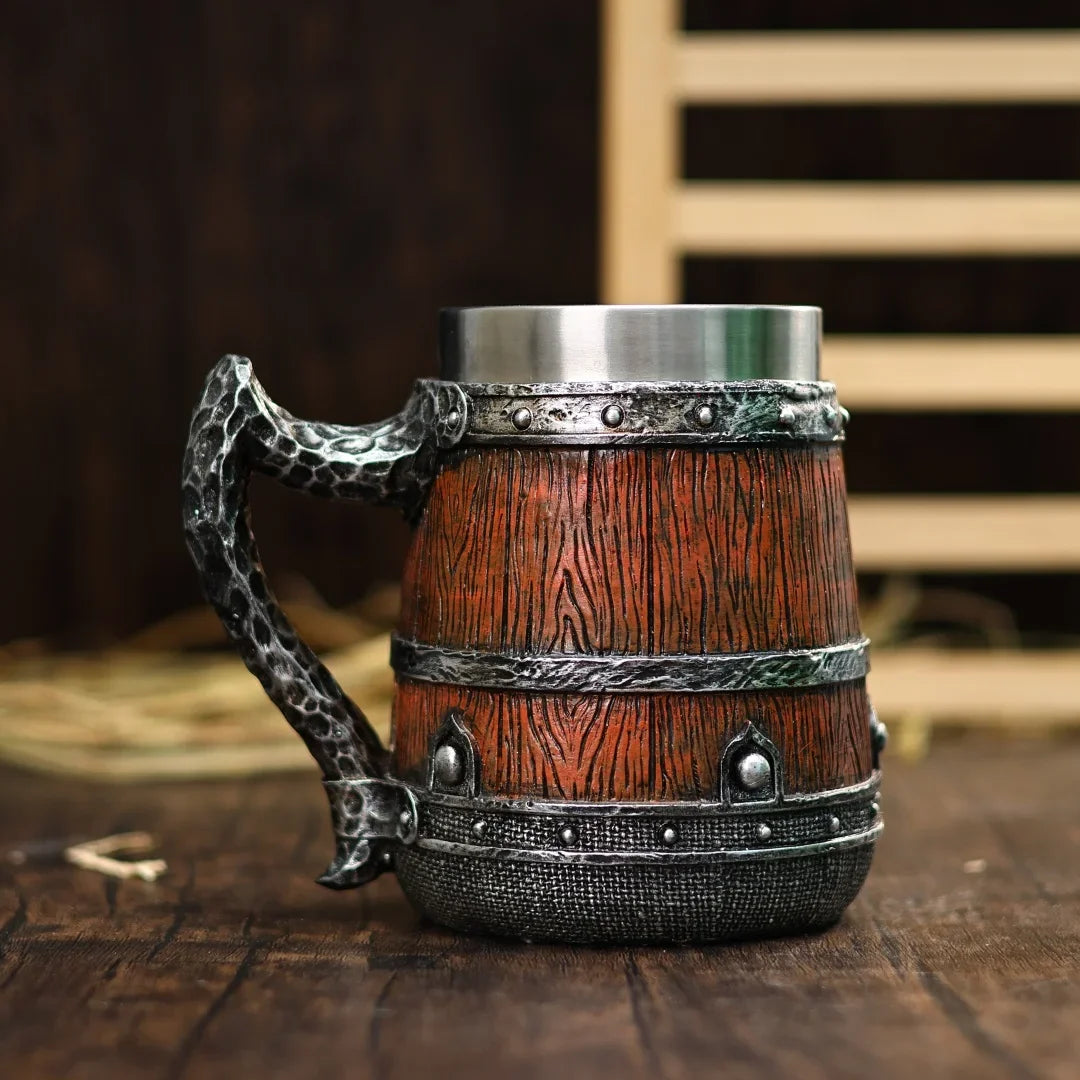 Viking Imitation Wood Resin Beer Mug -Handmade Stainless Steel Line