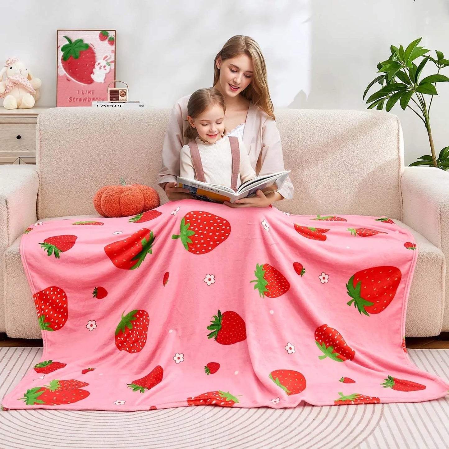 Pink Strawberry Themed Soft Fuzzy Flannel Throw Blanket