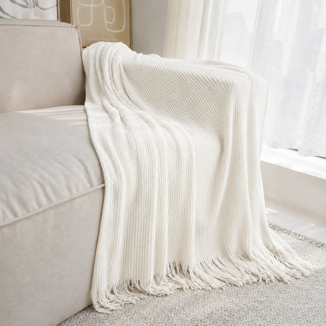 Dark Brown Wavy Chevron Textured Knit Throw Blanket with Tassel Fringe,
