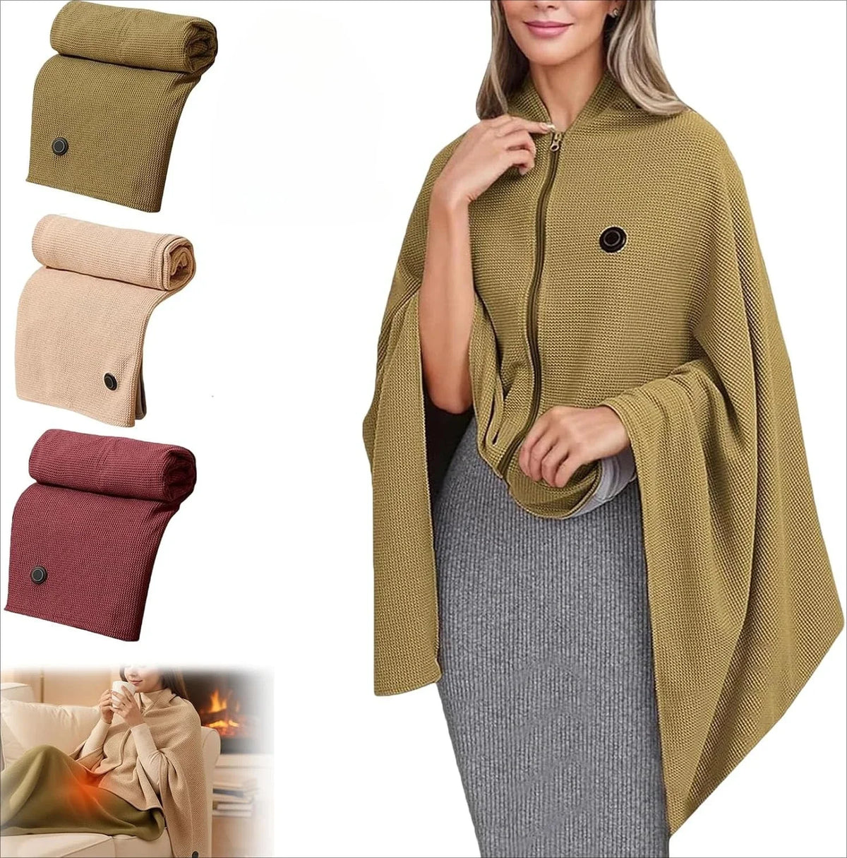 Wearable Electric Heated Shawl 3 Gears Zipper USB