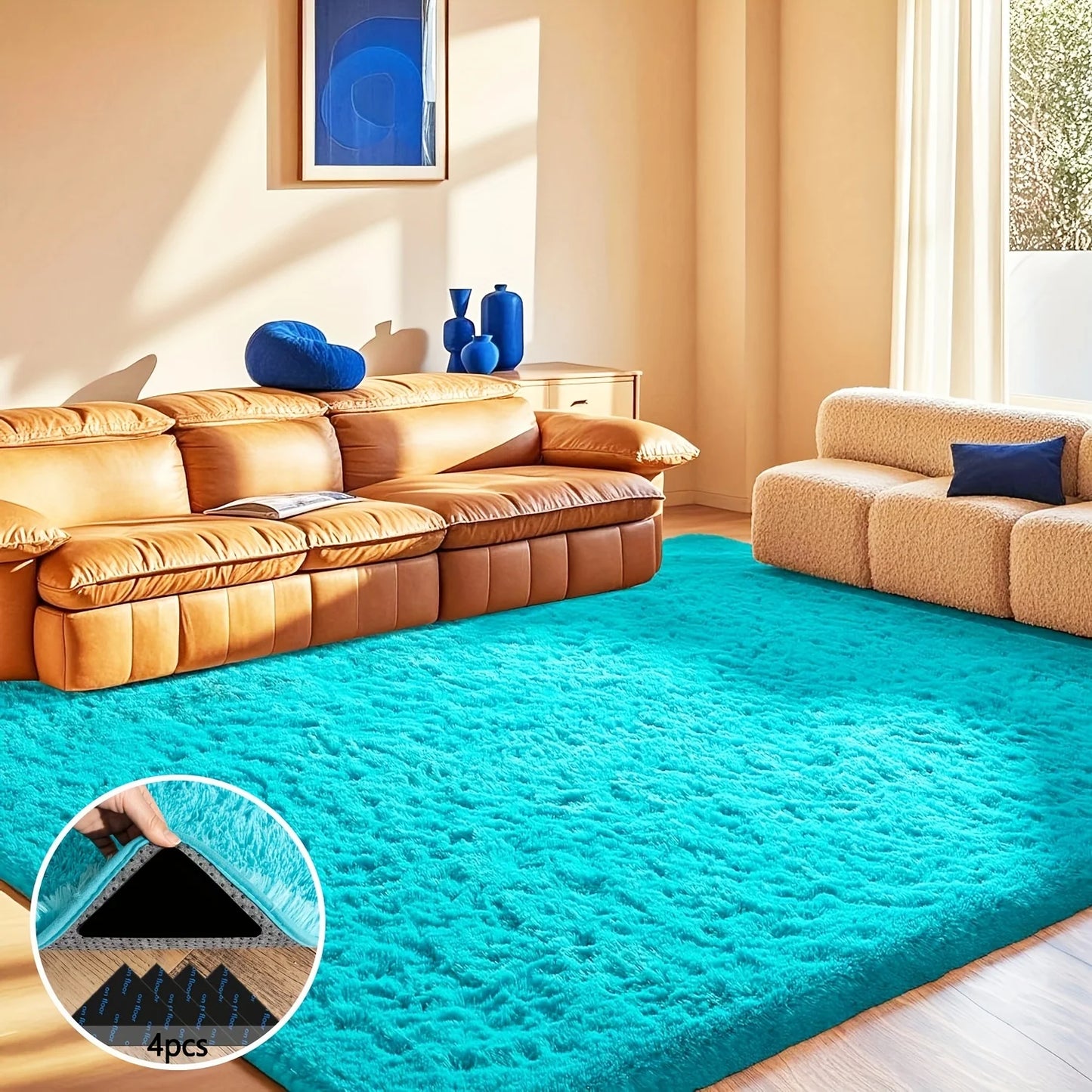 Light Blue Soft Shaggy Non-Slip Rugs with 4 Rug Stickers
