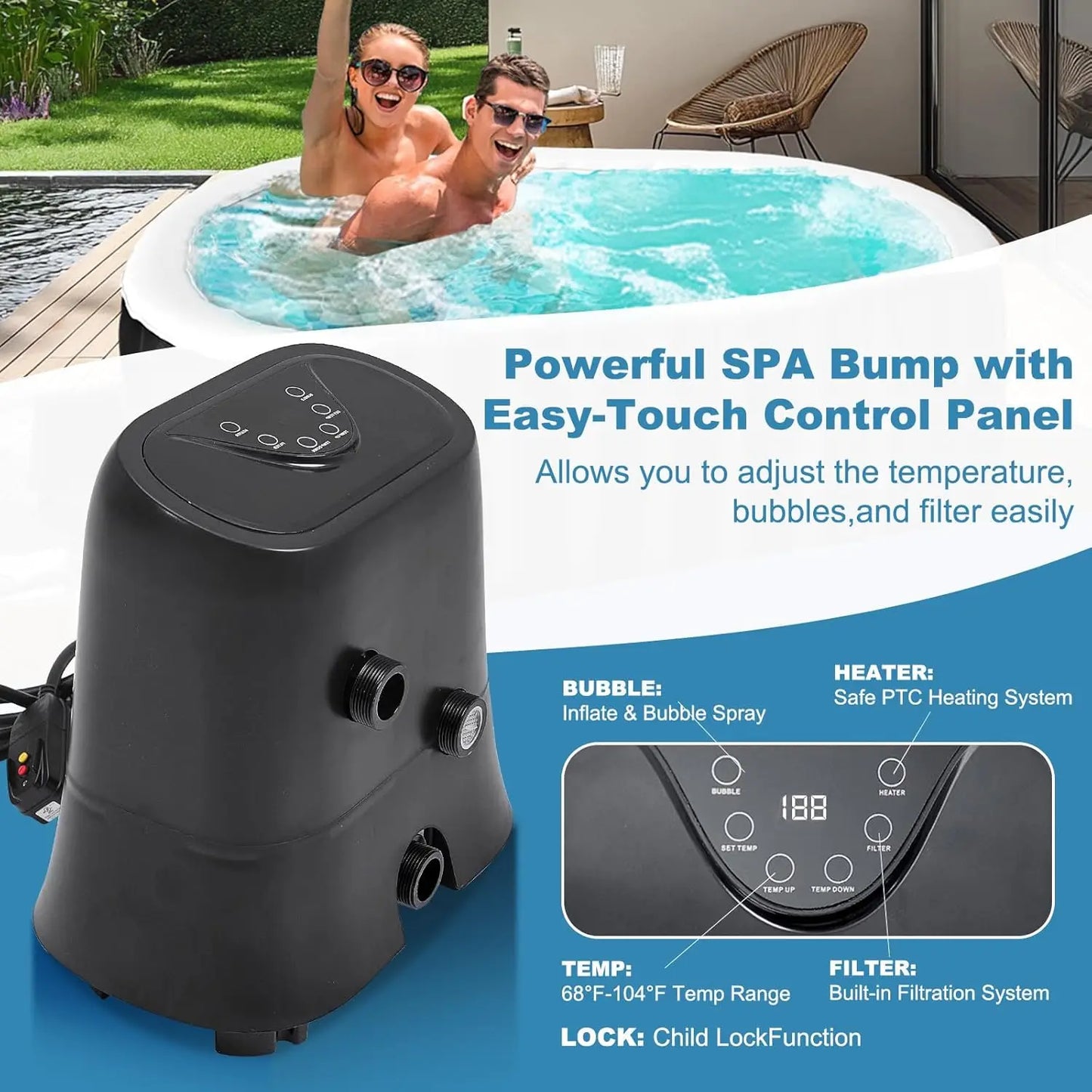 Inflatable Hot Tub - 2 Person, Portable Blow Up Spa 90 Soothing Bubble Air
