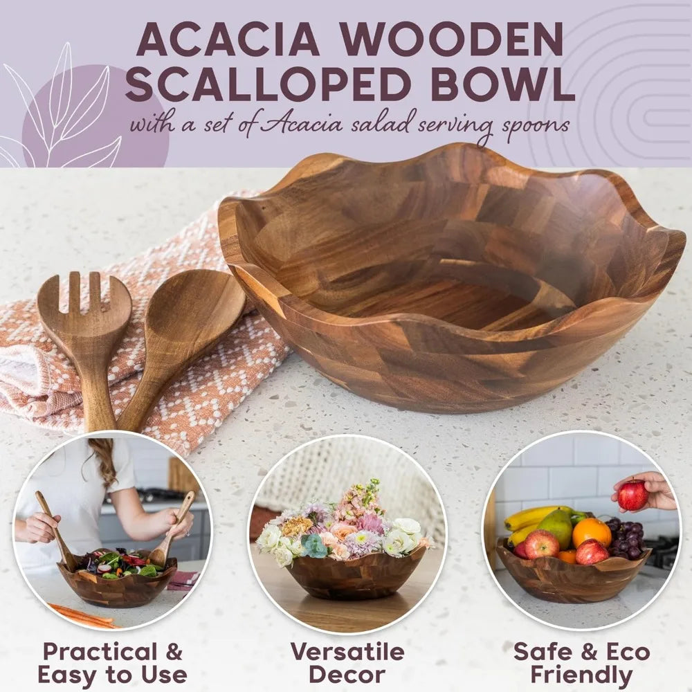 Large Scalloped Acacia Wood Salad Bowl Set with Spoons