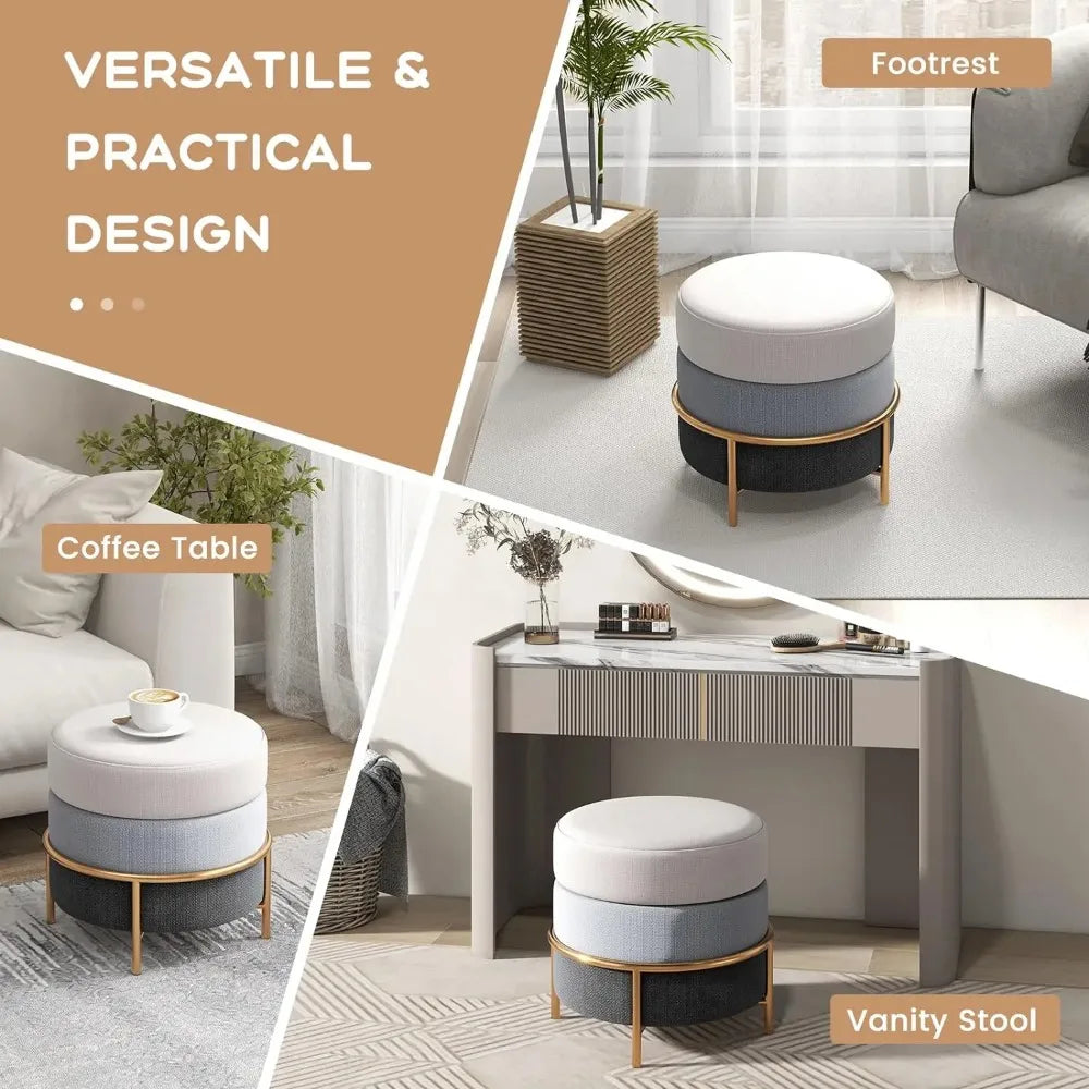 Round Vanity Stool, Linen Fabric Ottoman Cushioned Seat