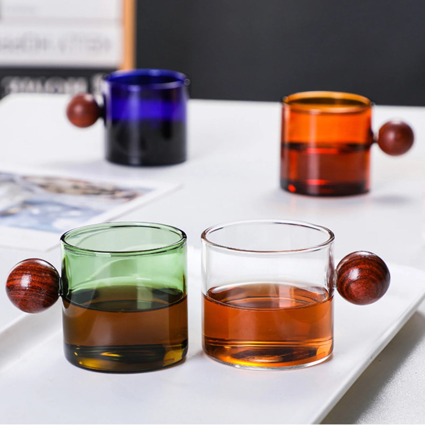 Colorful Glass Coffee Mugs With Wooden Ball Handle 120/200ml